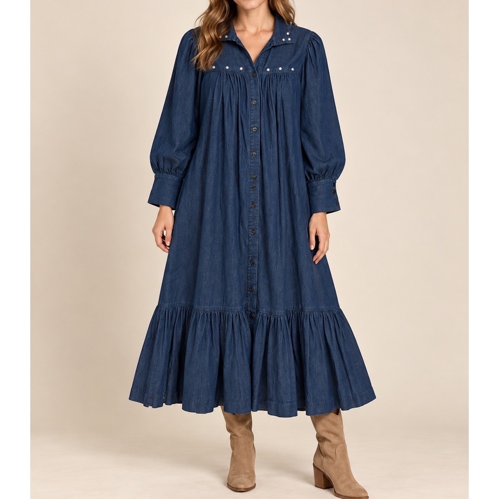 Vintage Serbin Denim Tiered Prairie Midi Dress Blue Studded Western Boho f5